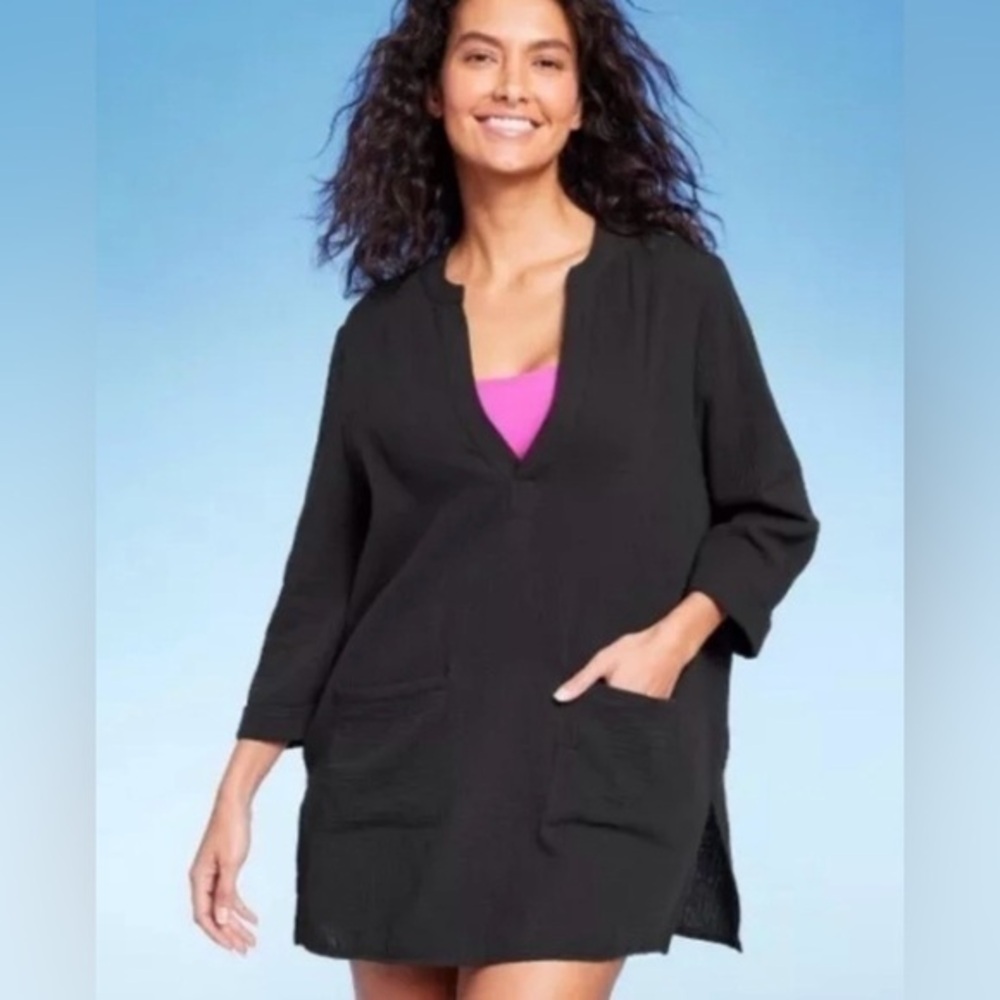 Serra Black Beach Coverup V-Neck Relaxed Fit, Swimsuit Cover Up